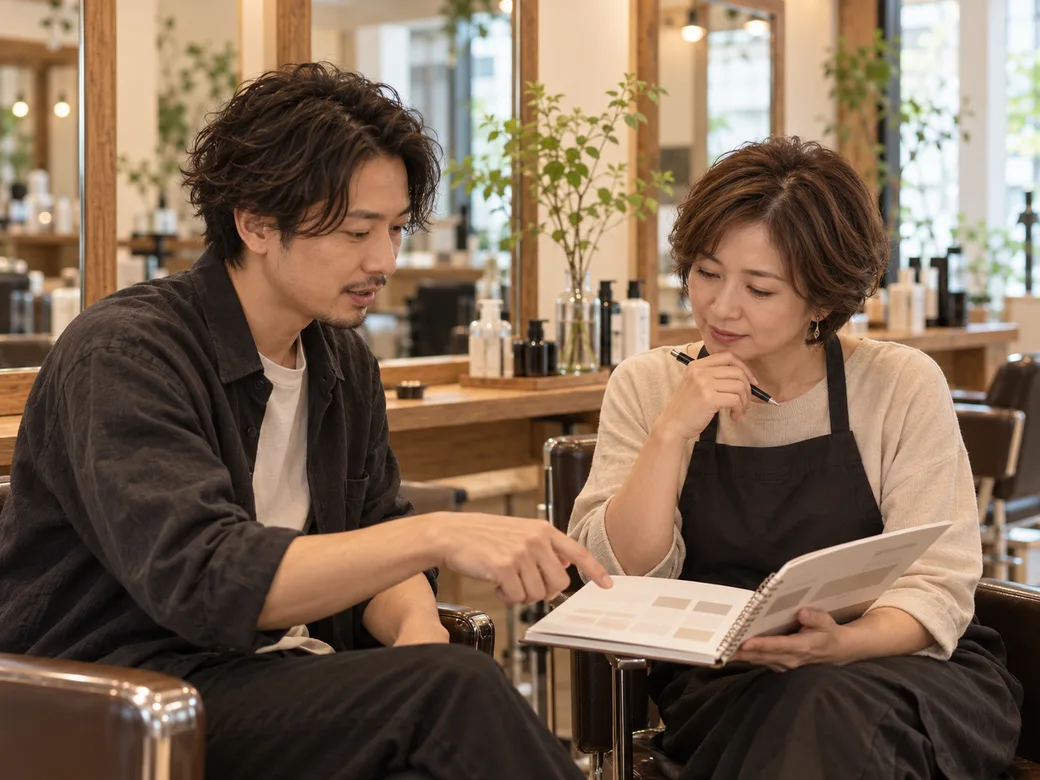 男性オーナーと女性スタッフが、ノートを見ながらお客様が迷いやすい場所を整理している場面