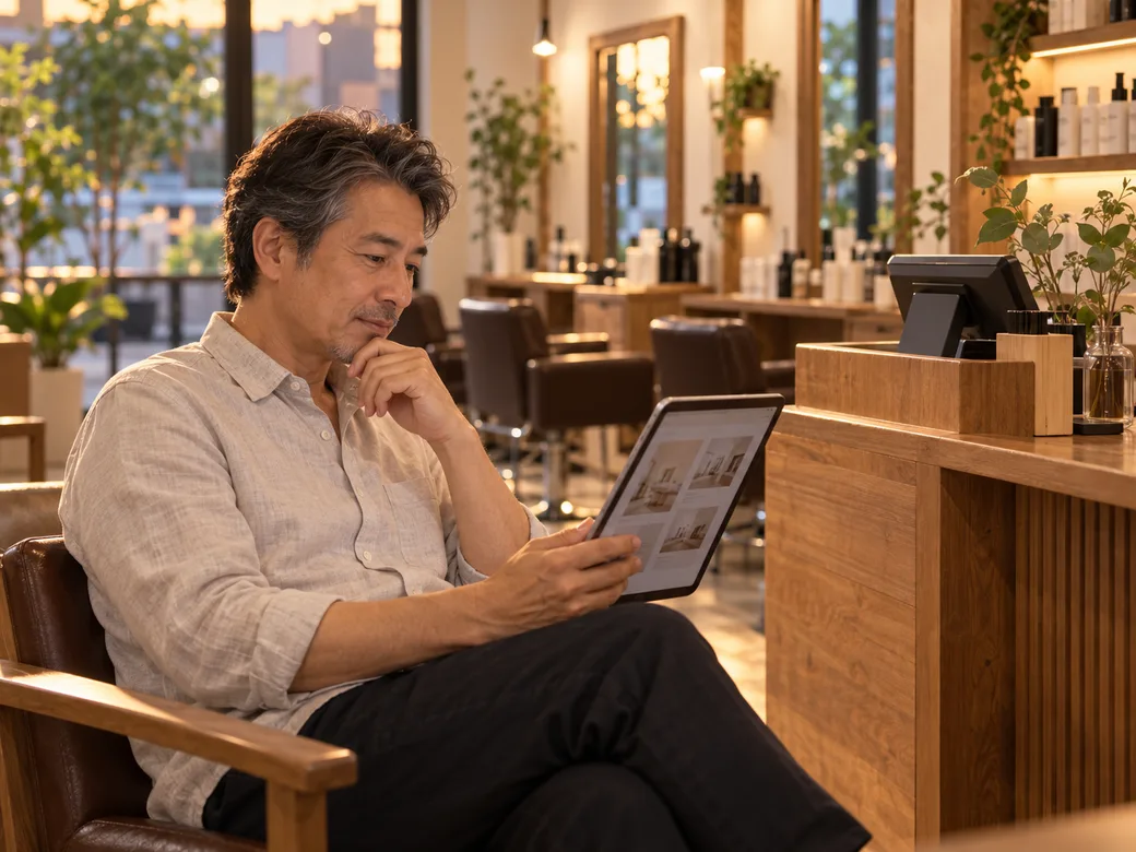 夕方の店内で、タブレットを見て公開後のホームページを見直している男性オーナー