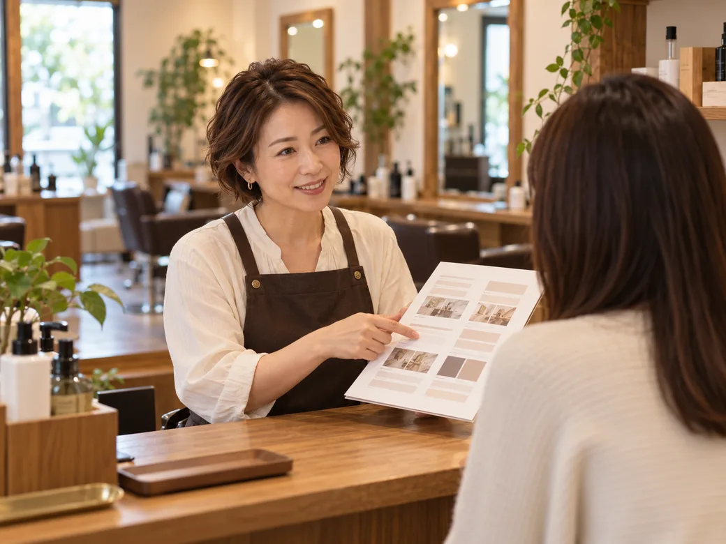受付カウンターで、お客様に紙のメニュー表を見せて説明している女性オーナー