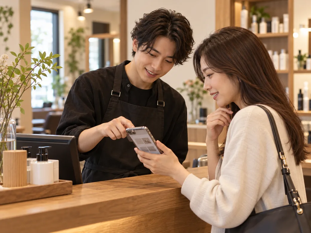 受付で、来店したお客様のスマホの予約画面をスタッフと一緒に見ている場面