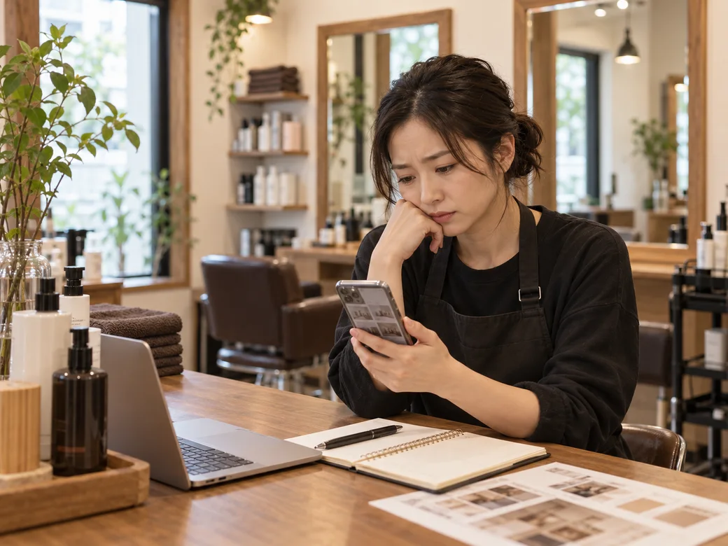 店のカウンターでスマートフォンの画面を見て、予約が入っていないことに考え込んでいるオーナー