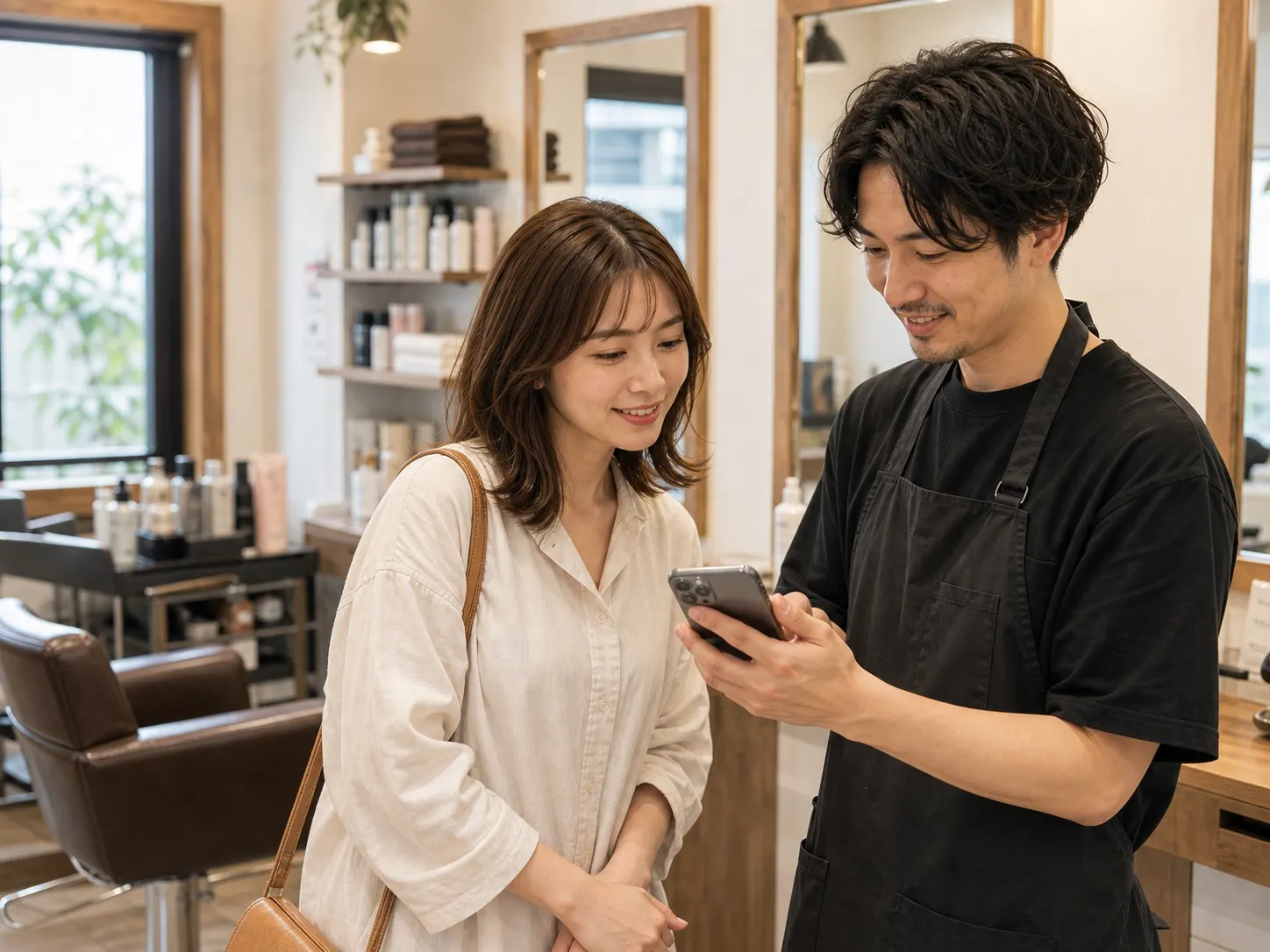 来店後にスマートフォンでお客様へ案内を送る場面