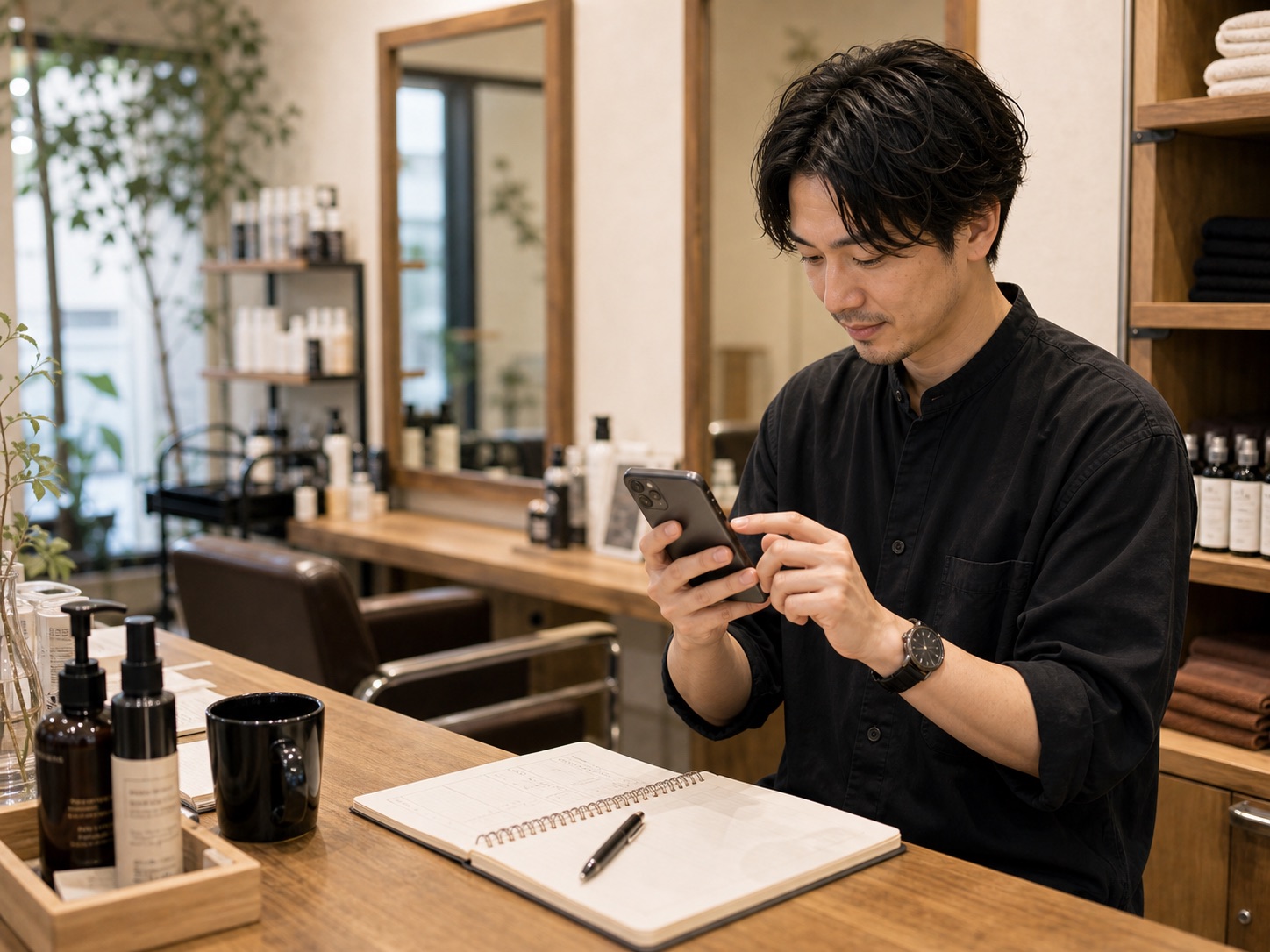 美容室で予約までの流れを確認しているイメージ